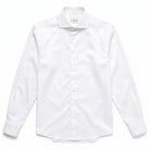 White twill dress shirt with spread collar and button front