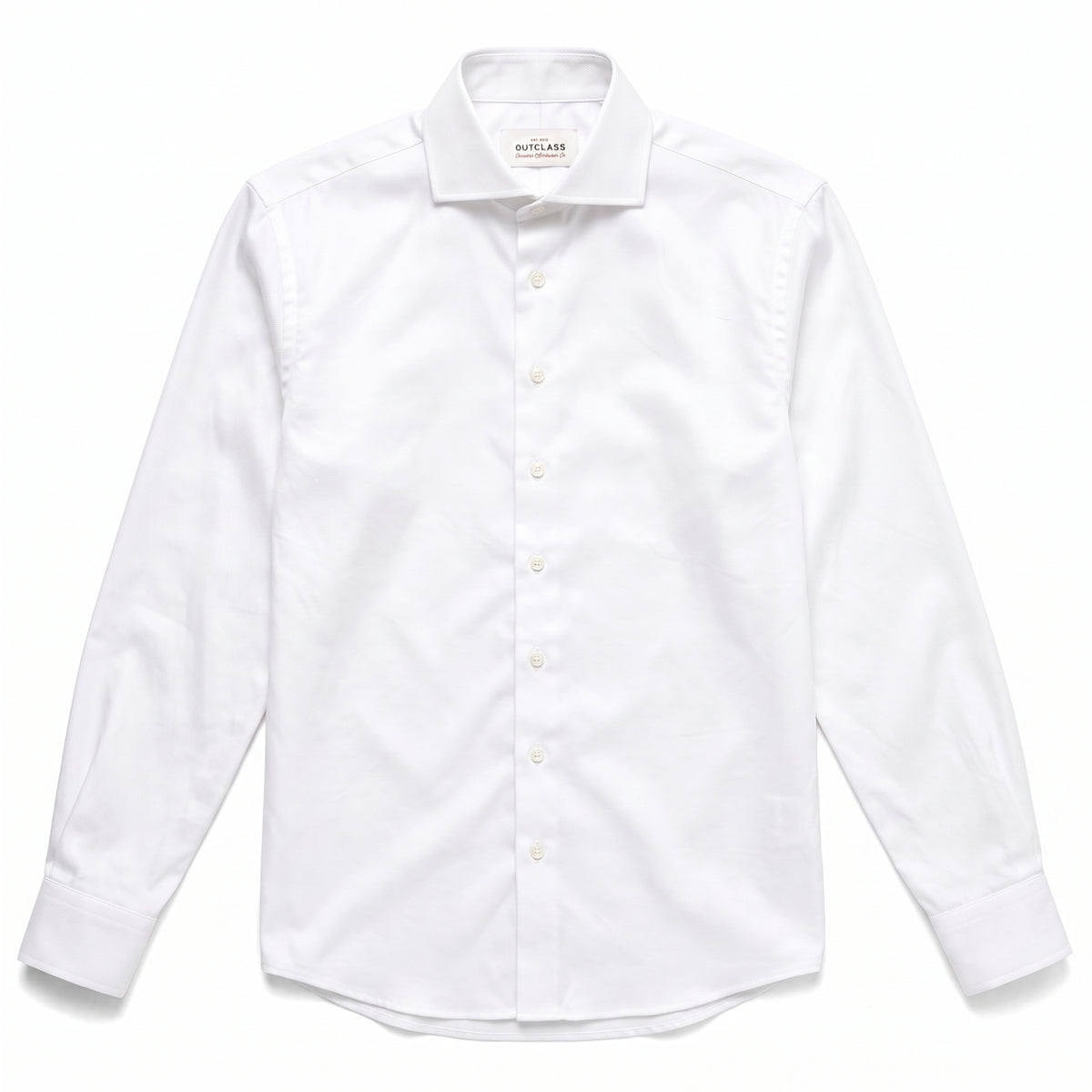 White twill dress shirt with spread collar and button front
