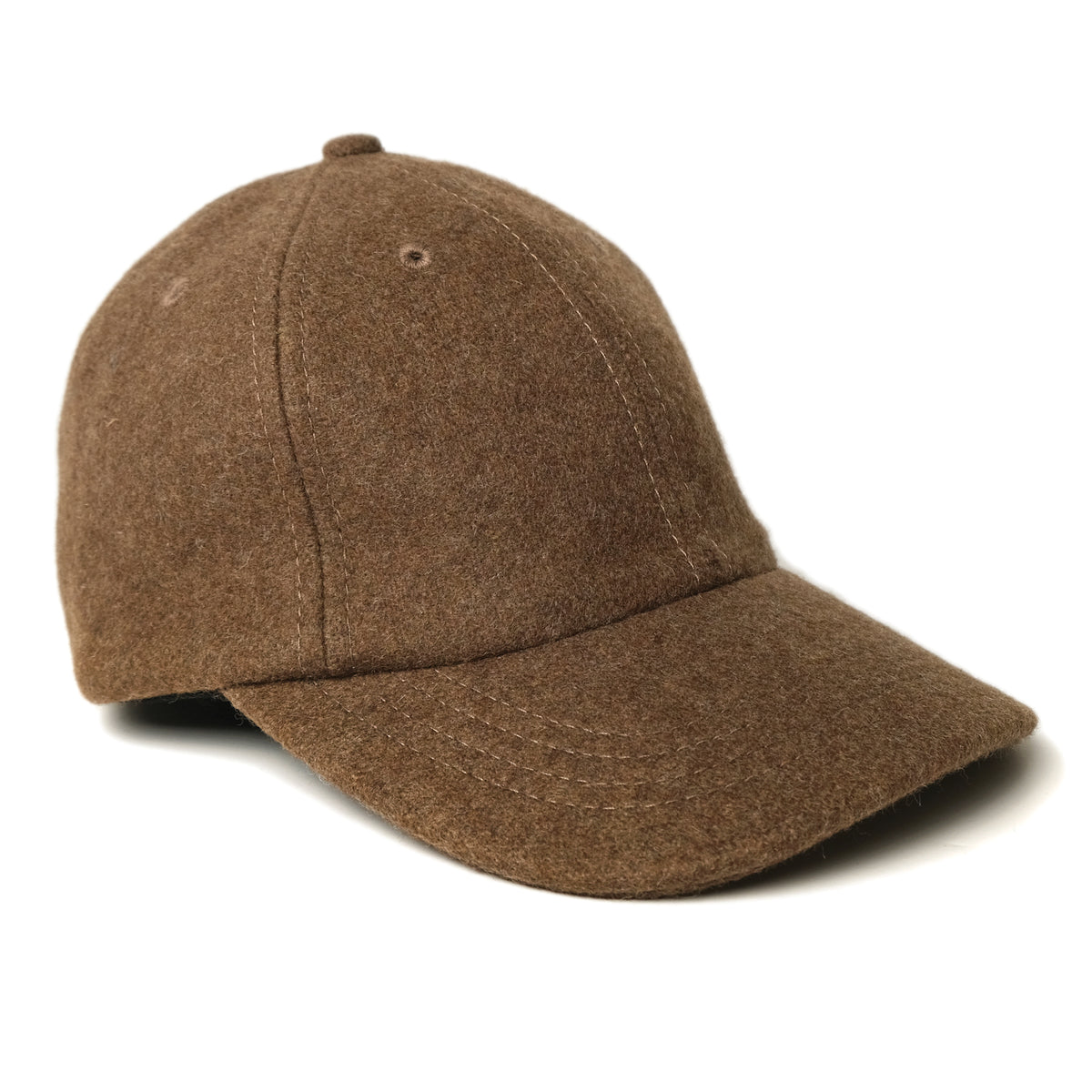 Brown wool field cap with curved brim and small top button