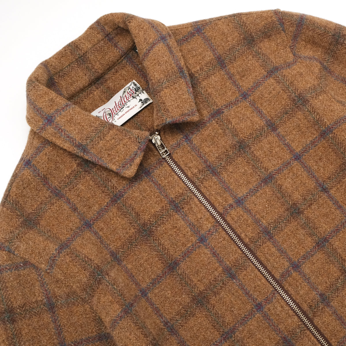 Wool plaid overshirt with stand collar, full-length metal zipper, interior neck label