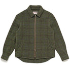 Olive green plaid wool zip overshirt, stand collar, two side pockets
