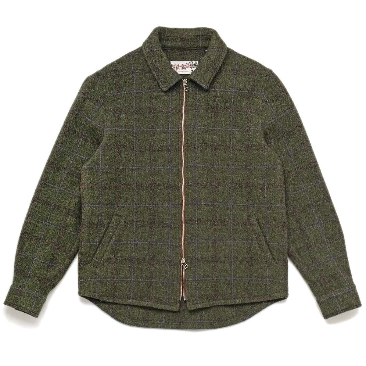Olive green plaid wool zip overshirt, stand collar, two side pockets
