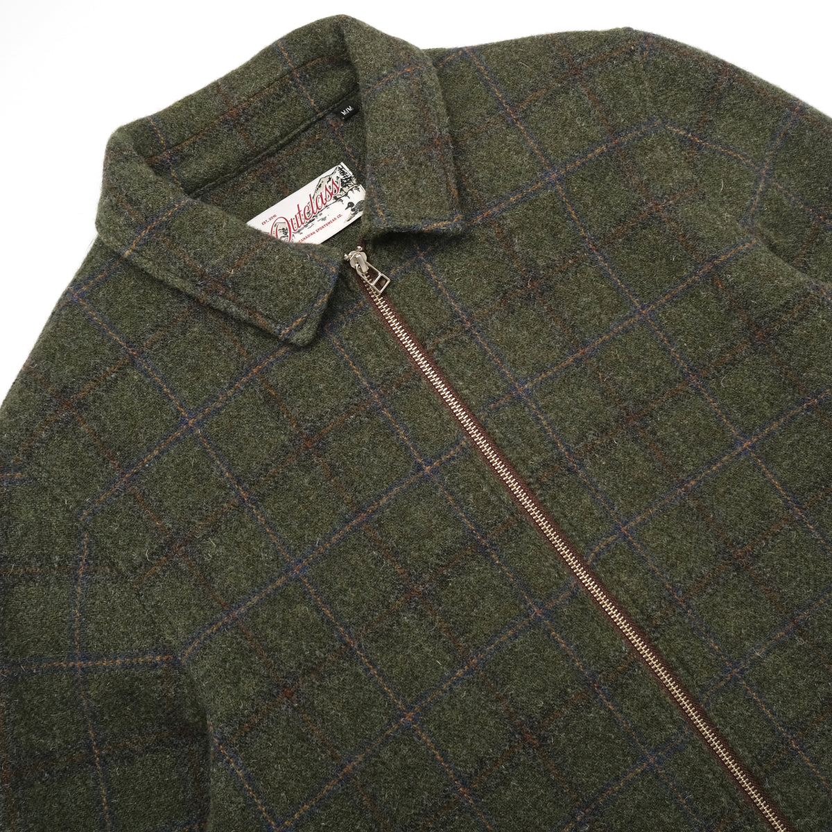 Olive green plaid wool zip overshirt close-up of collar and front zipper