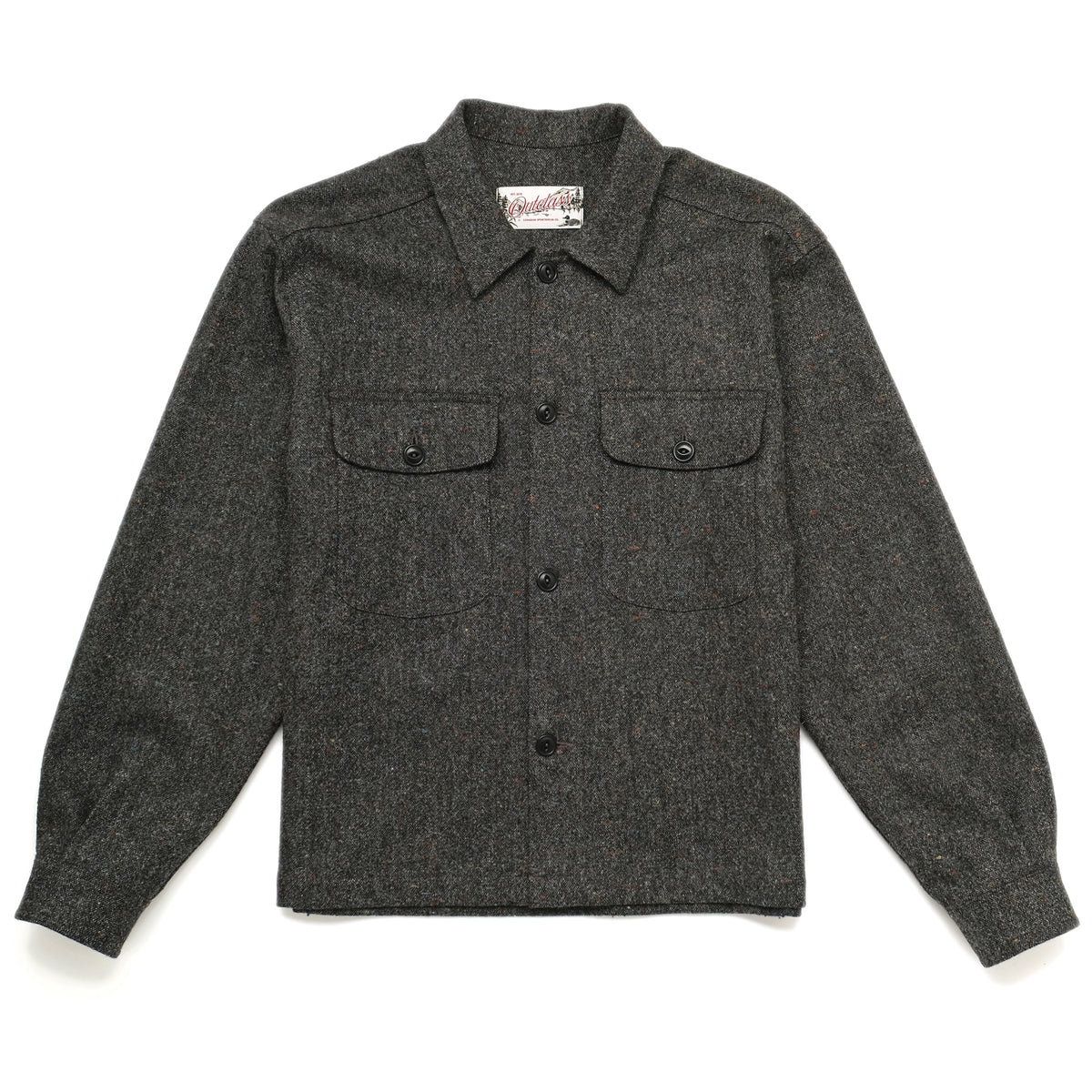 Wool camp shirt in dark charcoal with red flecks, button front and two chest pockets.