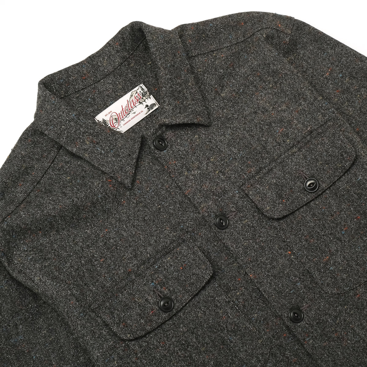 Charcoal fleck wool camp shirt close-up: camp collar, button placket, and flap pockets.