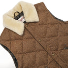 Brown quilted down vest with wide tan sherpa collar and angled button placket