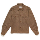 Men's brown wool camp shirt with hazel-fleck pattern, button front, two chest pockets