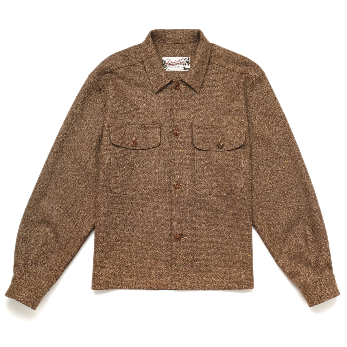 Men's brown wool camp shirt with hazel-fleck pattern, button front, two chest pockets
