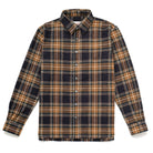 Plaid flannel easy shirt with button front, long sleeves, navy and tan with orange lines