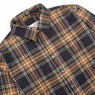 Tartan plaid easy shirt collar with snap button placket, navy with tan and orange checks
