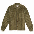 Olive jumbo corduroy club shirt with button-front, spread collar, and chest pocket