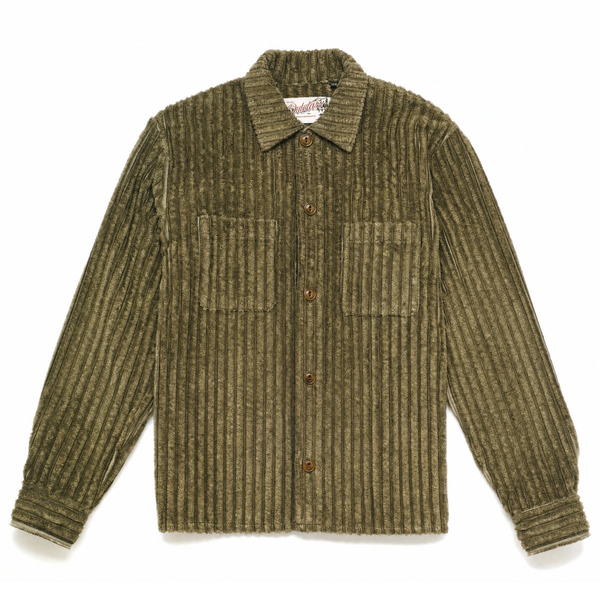 Olive jumbo corduroy club shirt with button-front, spread collar, and chest pocket