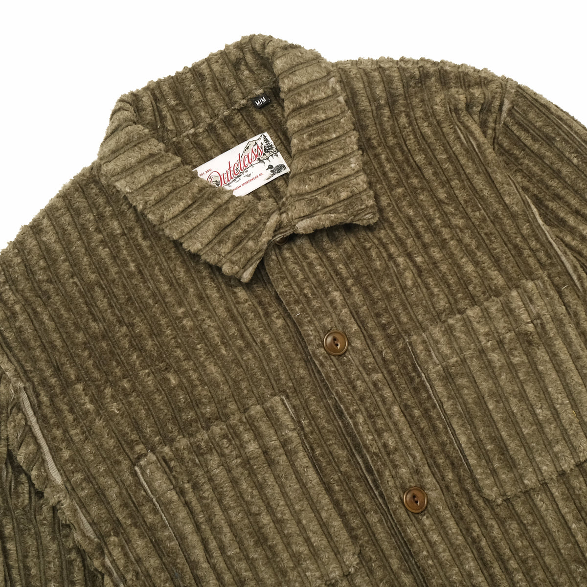 Olive jumbo corduroy club shirt close-up, soft-lined collar, button placket, chest pocket