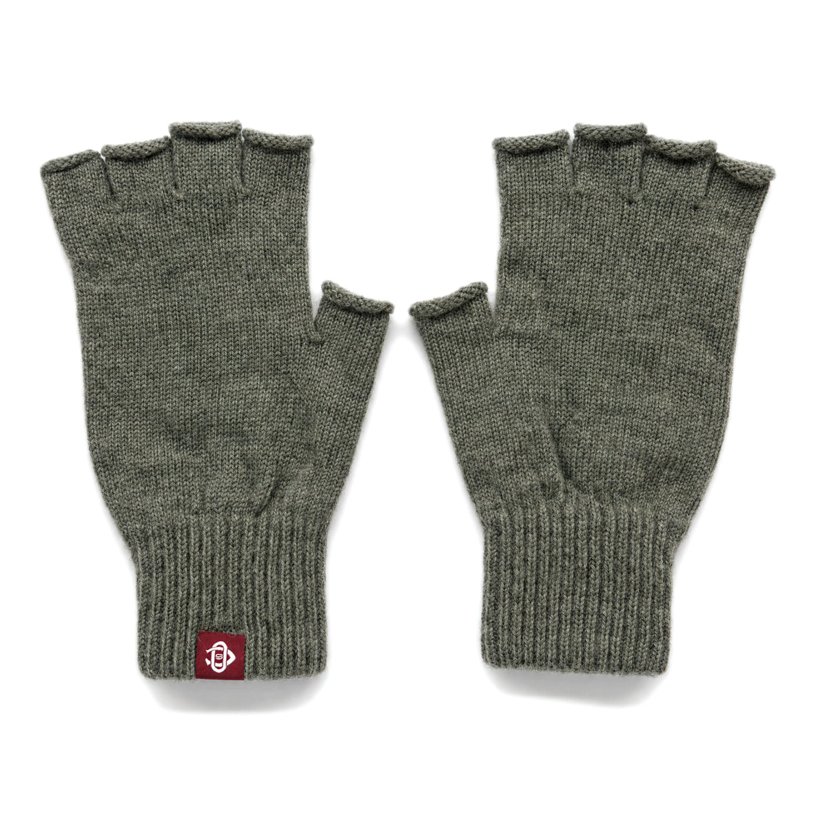 Dark green wool fingerless gloves, ribbed cuffs and stitched logo patch
