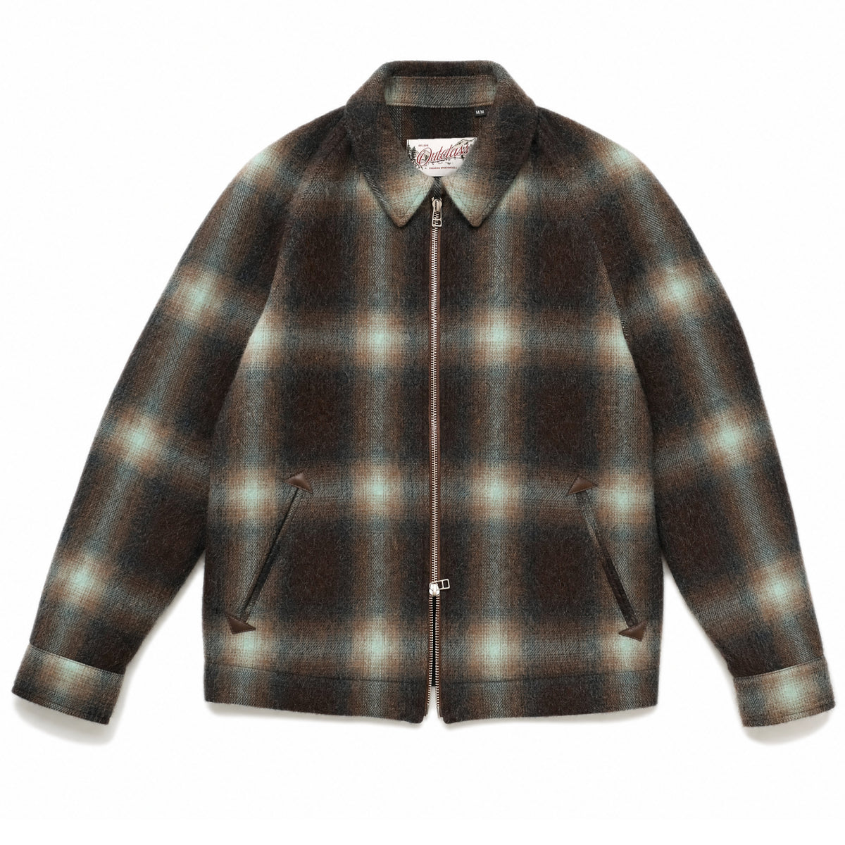 Shadow plaid wool harrington jacket with full front zipper and side welt pockets