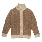 Taupe cable knit mock-neck cardigan with cream yoke, ribbed trim, and button-front