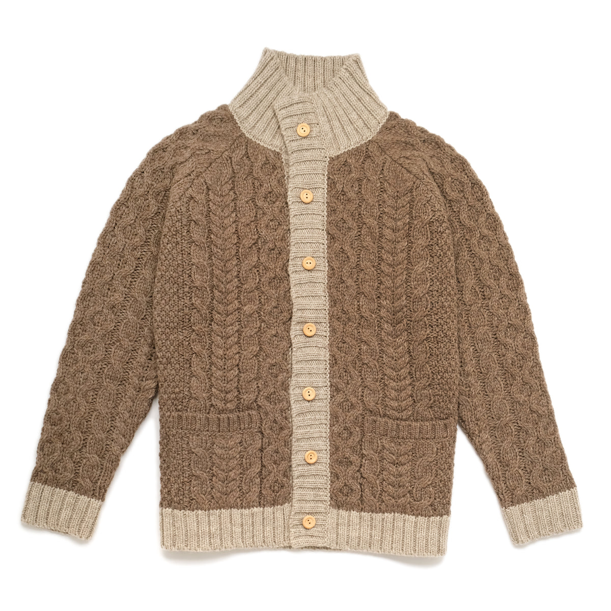 Taupe cable knit mock-neck cardigan with cream yoke, ribbed trim, and button-front
