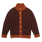 Dark maroon cable-knit mock neck cardigan with orange button placket, ribbed cuffs