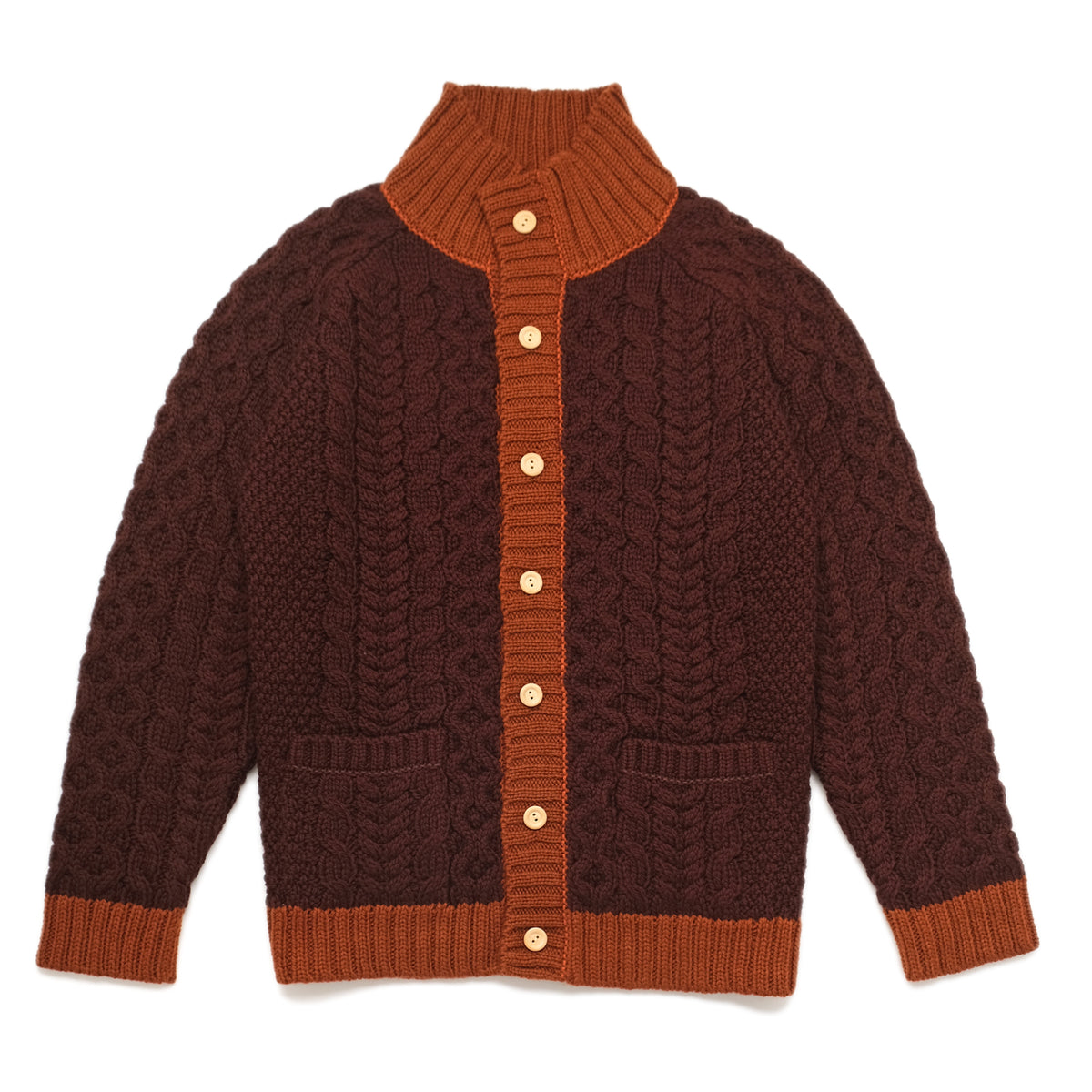 Dark maroon cable-knit mock neck cardigan with orange button placket, ribbed cuffs
