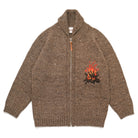 Brown knit full-zip cardigan with campfire motif on the left chest and front pockets