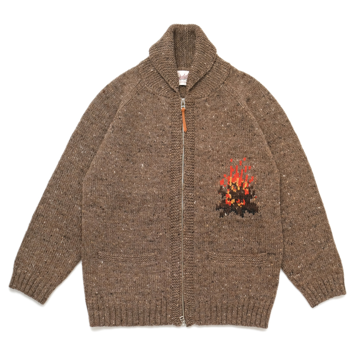 Brown knit full-zip cardigan with campfire motif on the left chest and front pockets