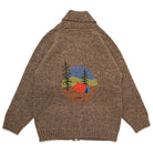 Brown knit full-zip cardigan with camp scene embroidery on the back