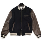 Navy bomber jacket with striped ribbed collar, zipper front, and leather-look sleeves