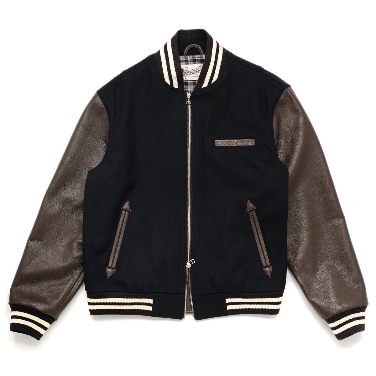 Navy bomber jacket with striped ribbed collar, zipper front, and leather-look sleeves