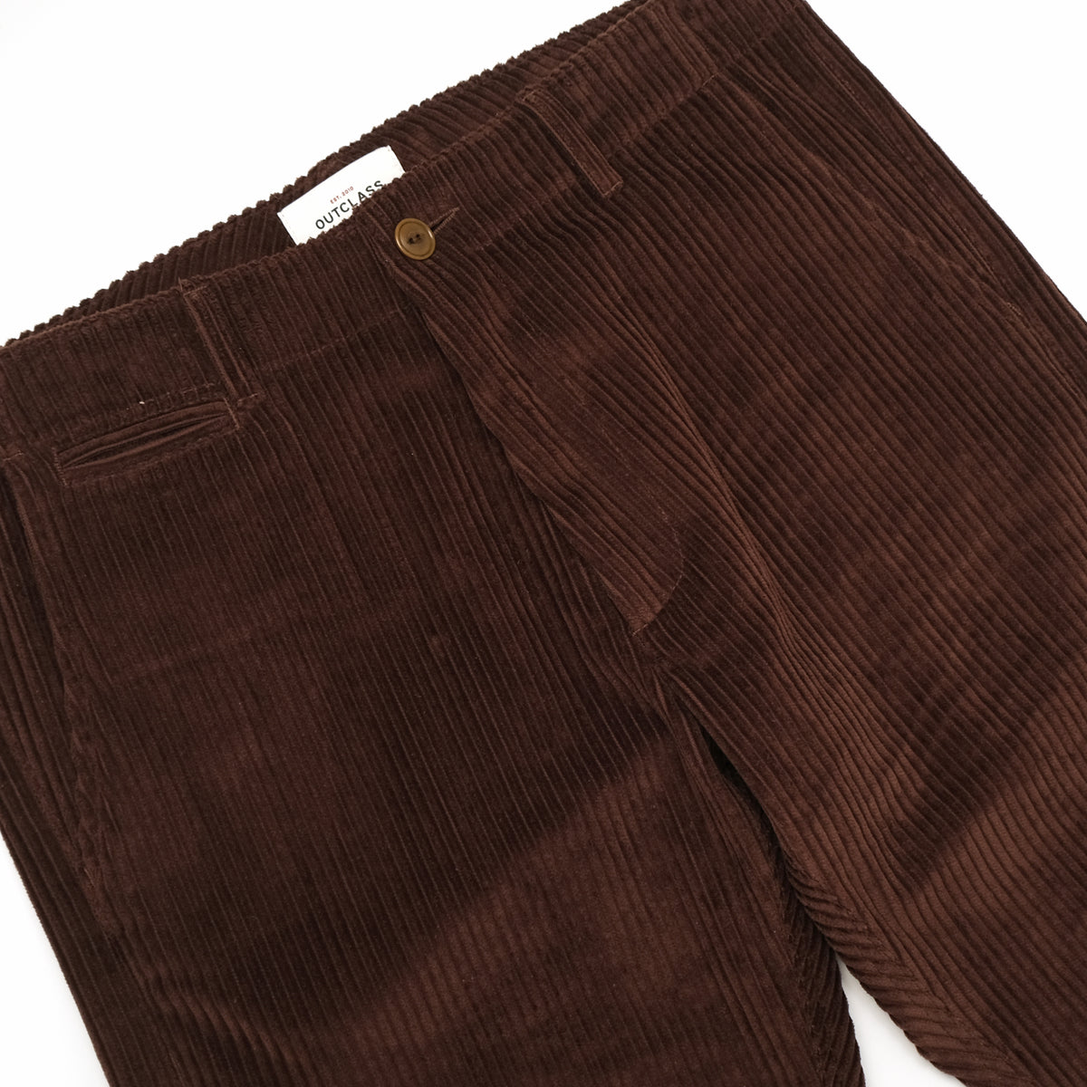 Dark brown corduroy camp pants with belt loops, front button closure, side pockets.