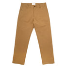 Tan moleskin engineer pants with button closure and belt loops, straight-leg fit