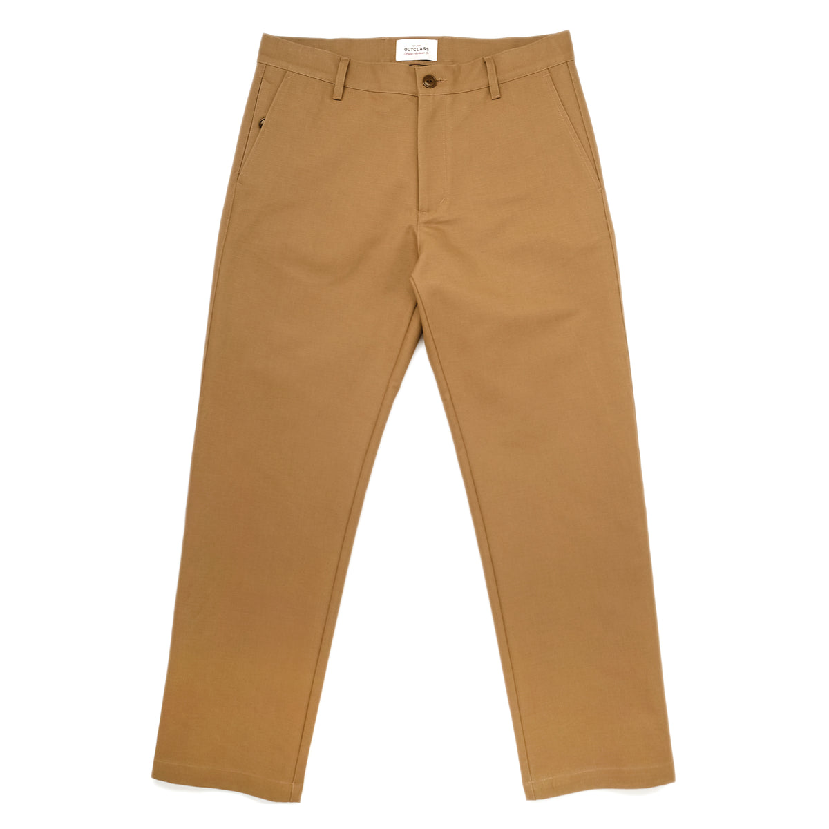 Tan moleskin engineer pants with button closure and belt loops, straight-leg fit