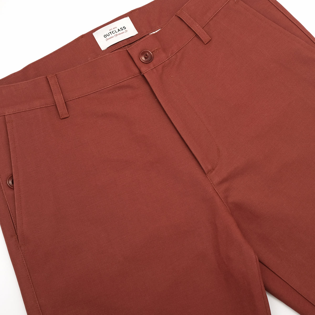 Brick red moleskin engineer pants, waistband with belt loops and button closure