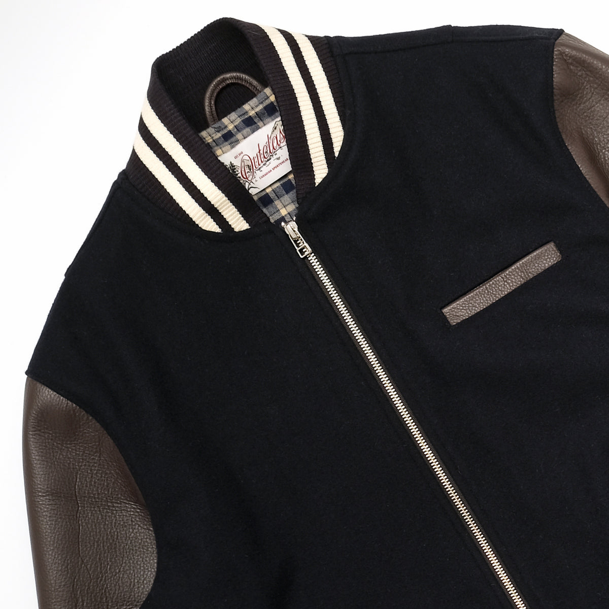 Navy bomber jacket with striped ribbed collar, metal zipper, and chest pocket