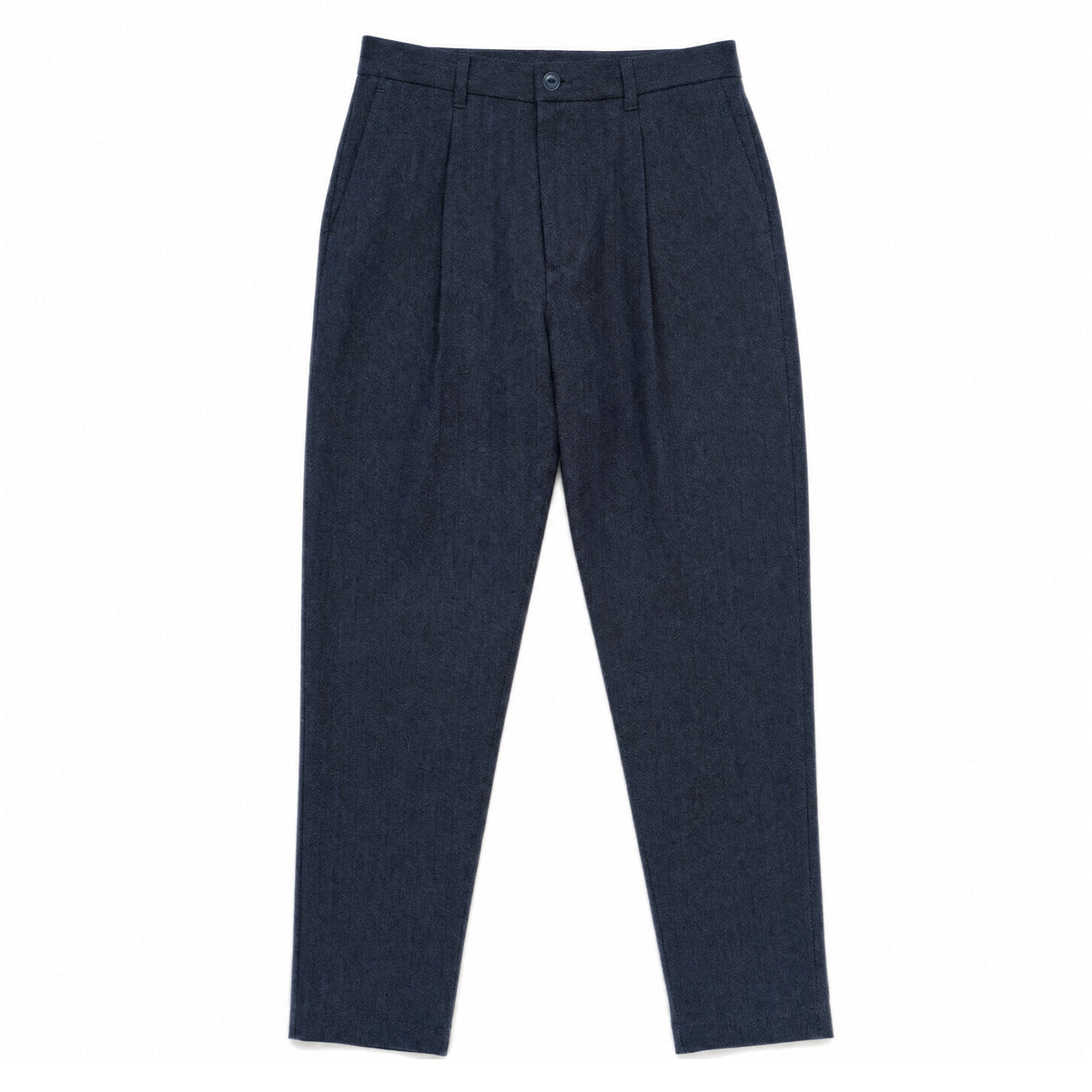 Navy herringbone pleated dress pants with button waist and belt loops