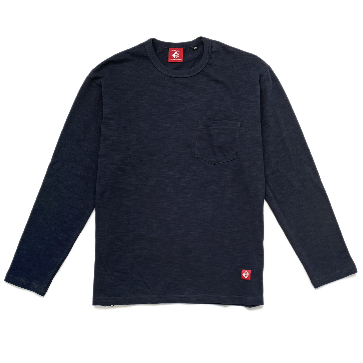 Navy long-sleeve crewneck T-shirt featuring a chest pocket