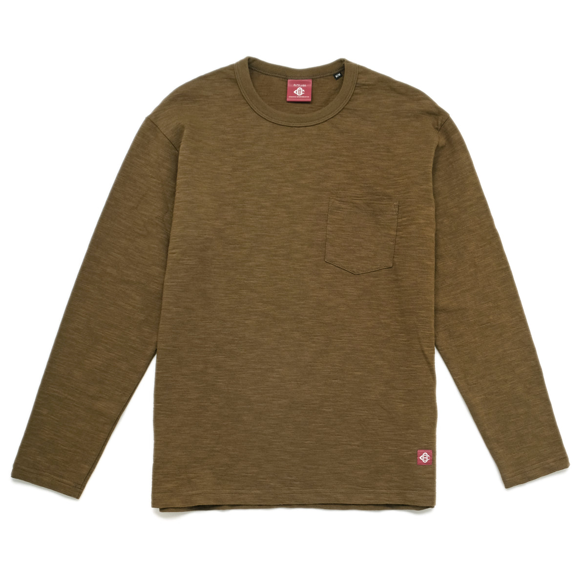 Olive double-slub long-sleeve T-shirt with front pocket and crew neck