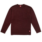 Maroon long-sleeve crewneck T-shirt with chest pocket, straight hem.