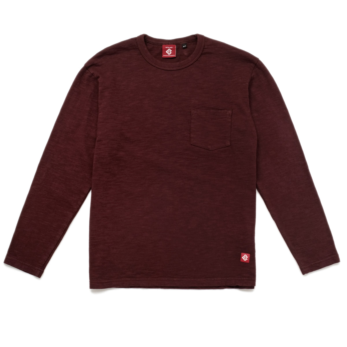 Maroon long-sleeve crewneck T-shirt with chest pocket, straight hem.