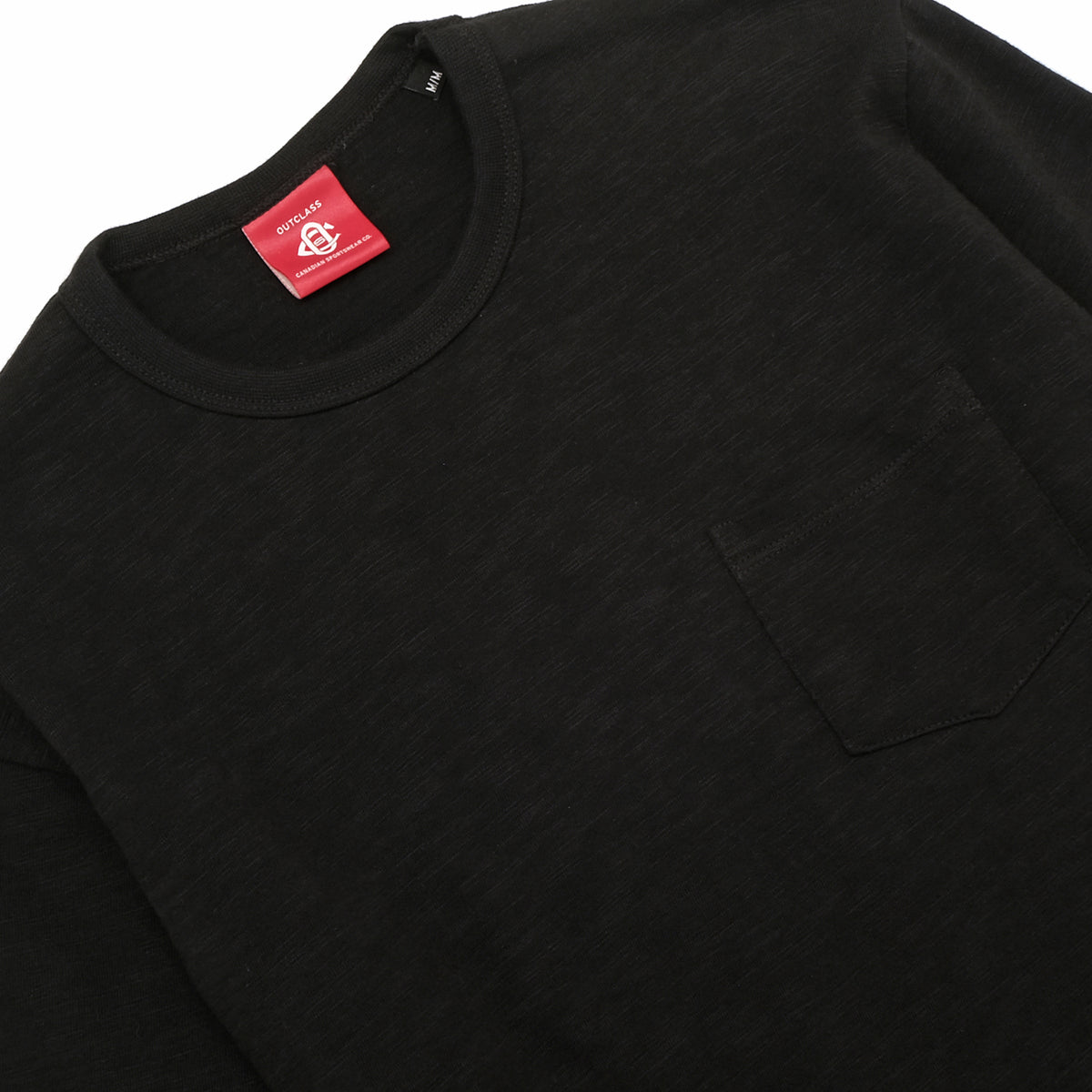 Black long-sleeve T-shirt close-up, crew neck and left chest pocket