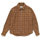 Wool plaid zip overshirt with stand collar, full front zipper, chest flap pockets