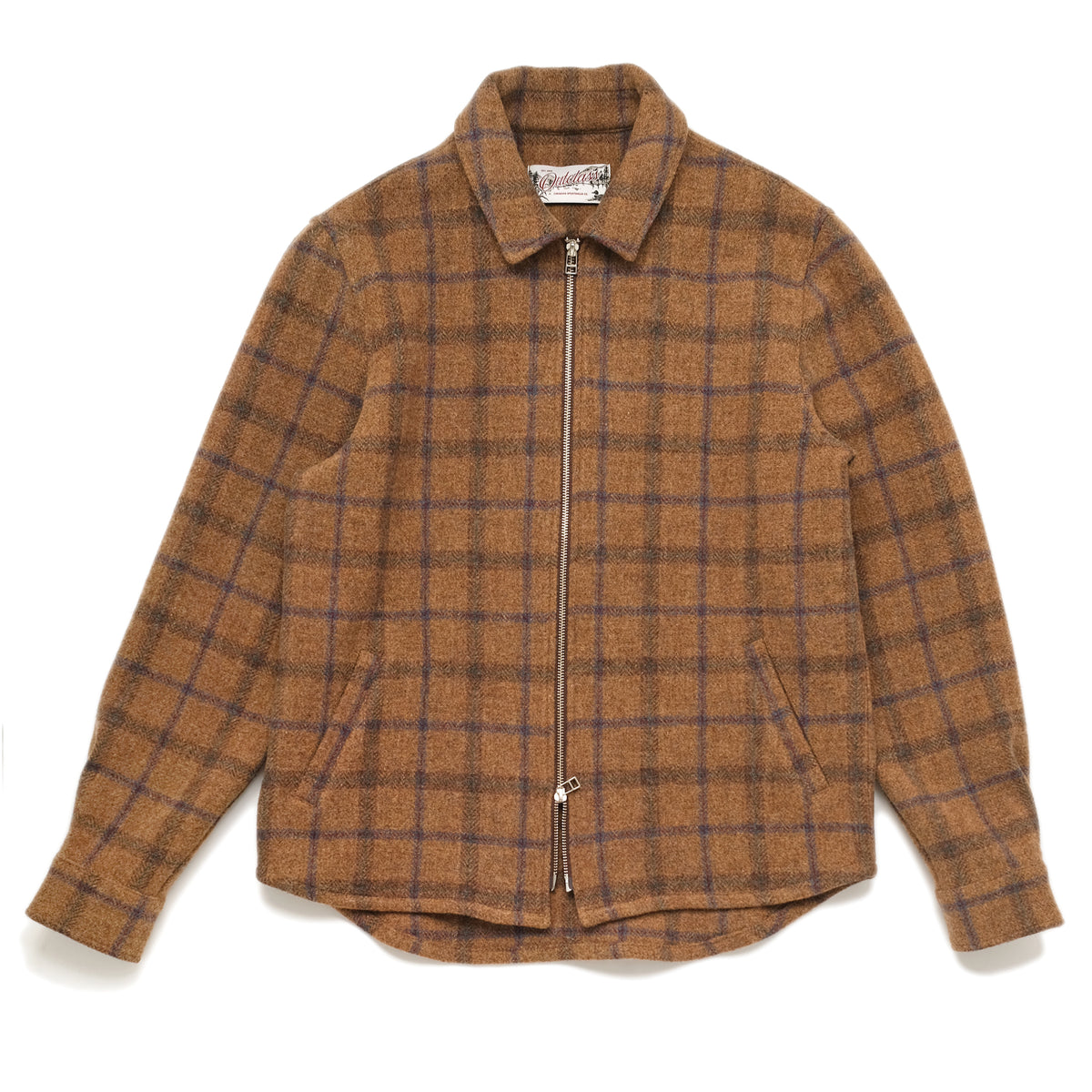 Wool plaid zip overshirt with stand collar, full front zipper, chest flap pockets