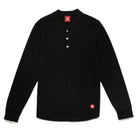 Black slub long-sleeve henley shirt with three-button placket and solid ribbed cuffs