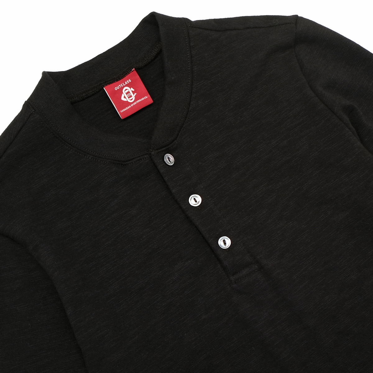 Black slub long-sleeve henley neckline with three buttons and ribbed henley collar