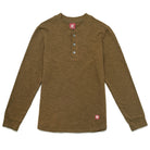 Olive long-sleeve double slub henley with 3-button placket and crew neckline