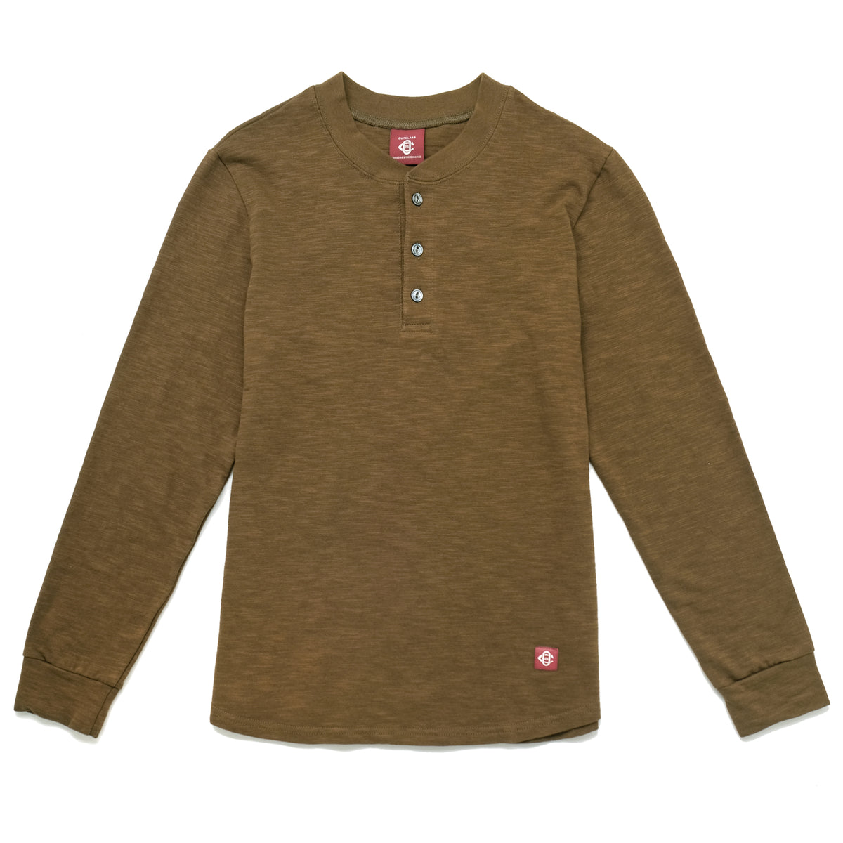 Olive long-sleeve double slub henley with 3-button placket and crew neckline