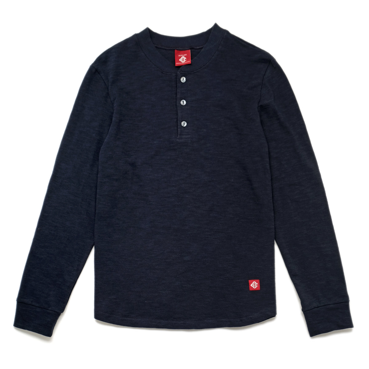 Navy long-sleeve henley shirt with crew neck and three-button placket