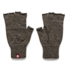 Dark gray wool fingerless gloves with ribbed cuffs and red logo tag