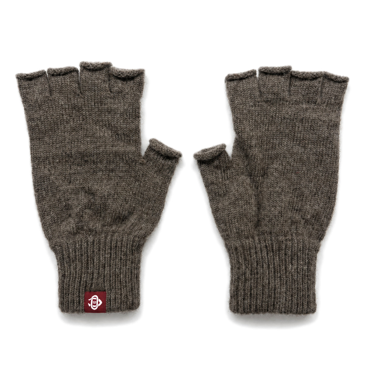 Dark gray wool fingerless gloves with ribbed cuffs and red logo tag