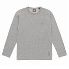 Heather gray long-sleeve t-shirt with chest pocket and crew neck, collar tag