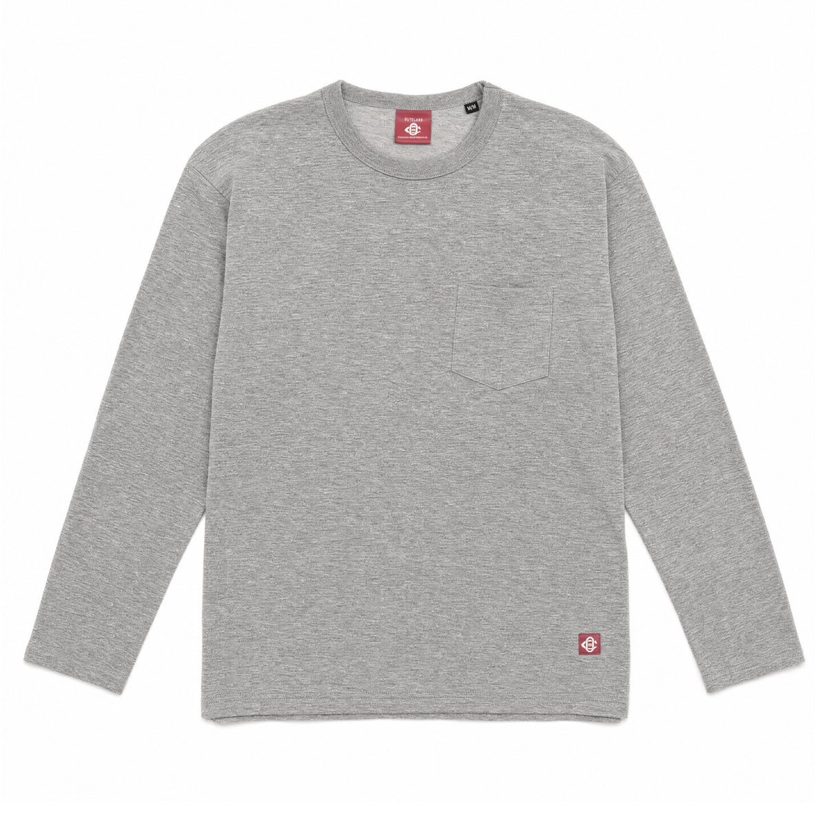 Heather gray long-sleeve t-shirt with chest pocket and crew neck, collar tag